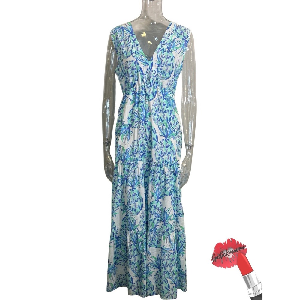 Vilagallo Maxi Dress Womens Sz 42 Large Blue White Star Geometric Print Coastal